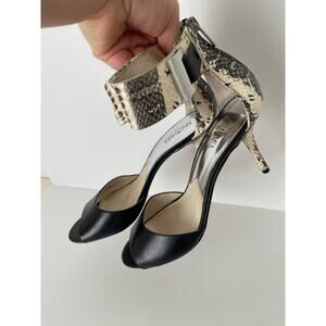 Michael Michael Kors Black Leather and tan snakeskin ankle sandal heel Size 10